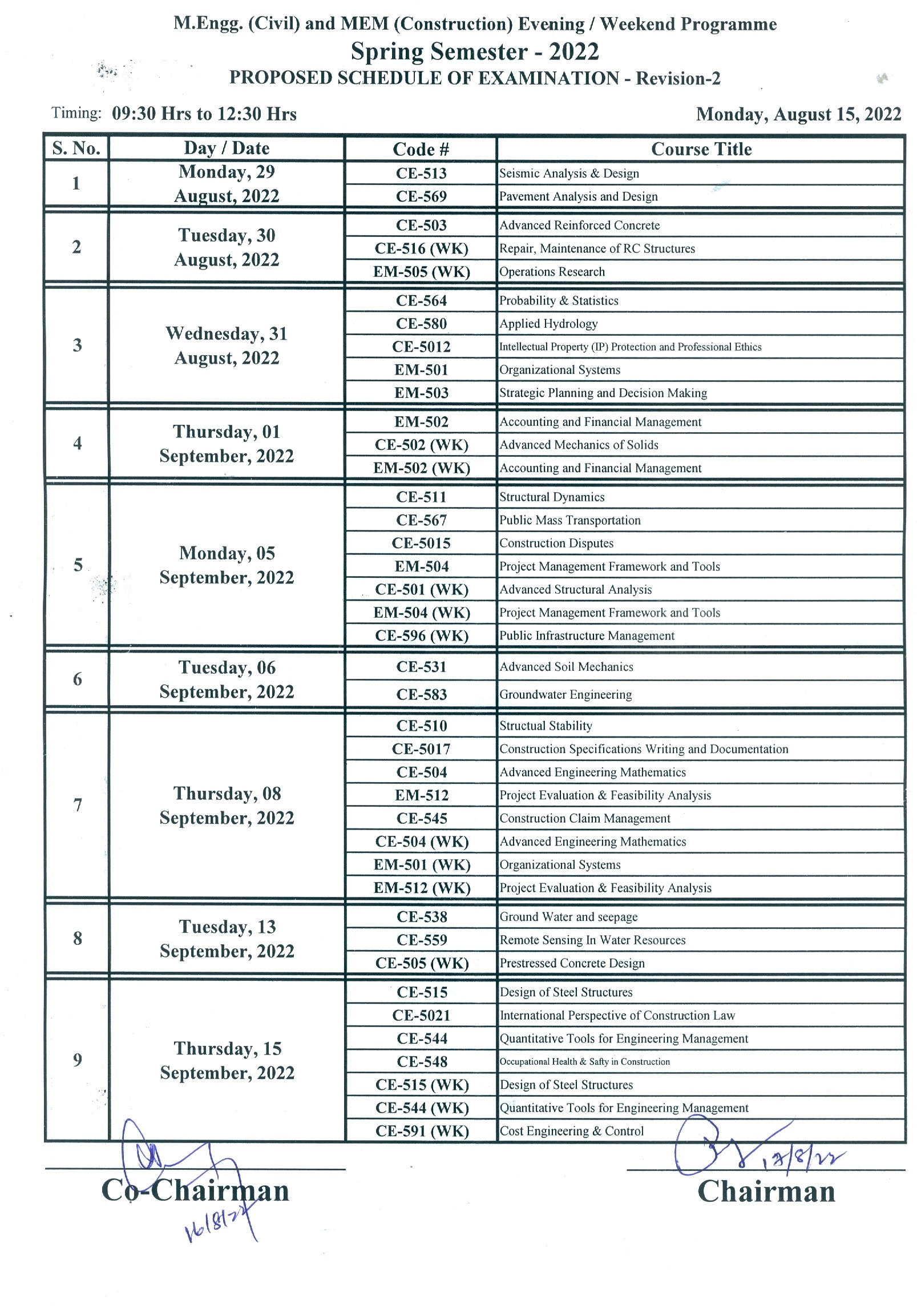 Proposed Masters Exam Timetable For Spring 2022  Department of Civil